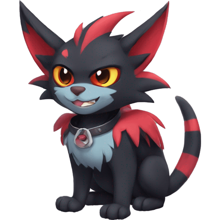 Black Anthro Cool Punk Noibat-Litten-Fakemon-fursona with fangs and red markings Full Body emoji