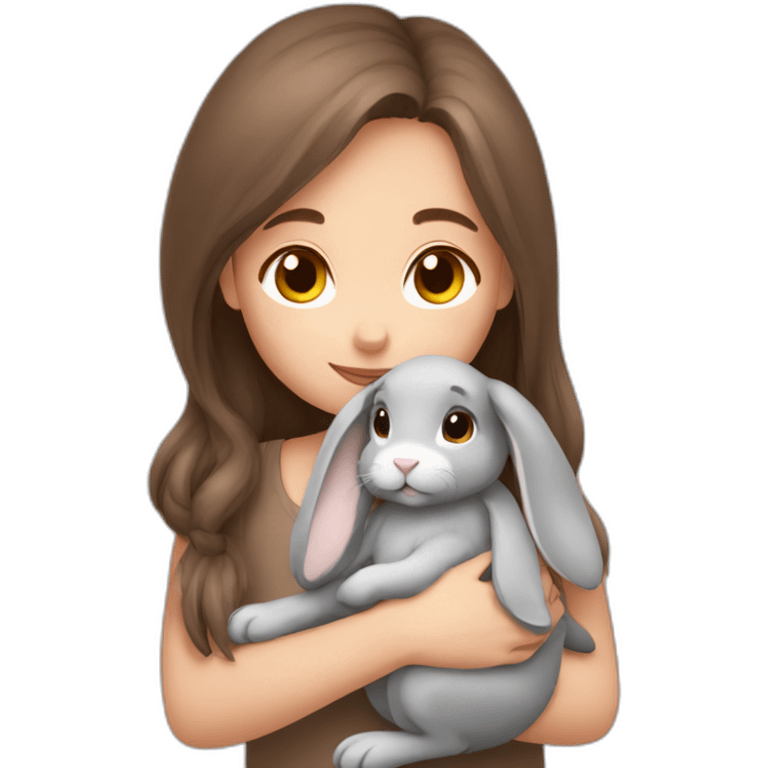 brown hair girl cuddling a cute grey rabbit emoji