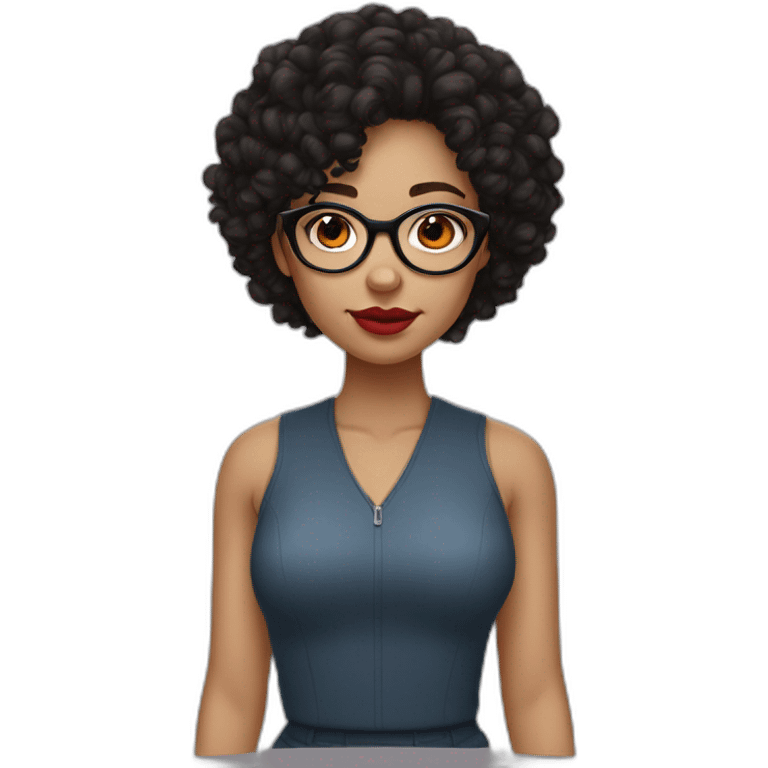 Girl with curly black hair, round thin glasses, brown eyes and red lips, very light skin tone emoji