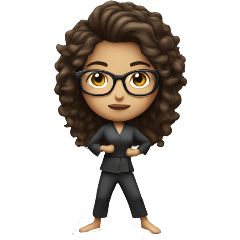 Girl doing power karate stance with glasses and long, curly, brunette hair emoji