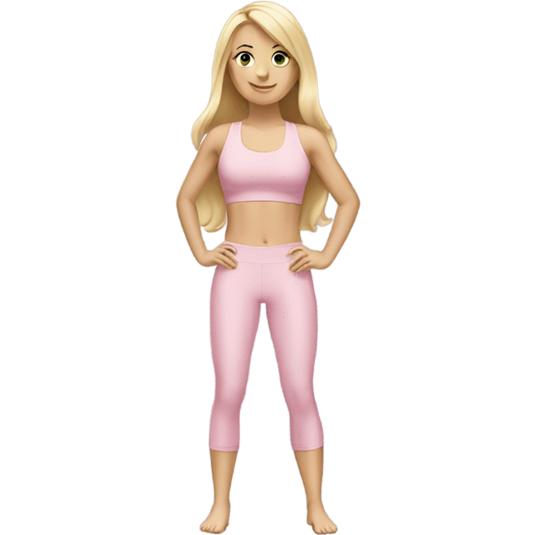 A blonde white girl in a light pink fitness suit with a full-length fitness mat emoji