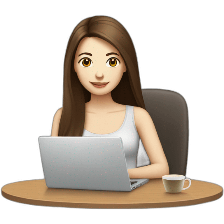 woman with long straight brown hair and pale skin using a laptop as a saucer for a coffee mug emoji