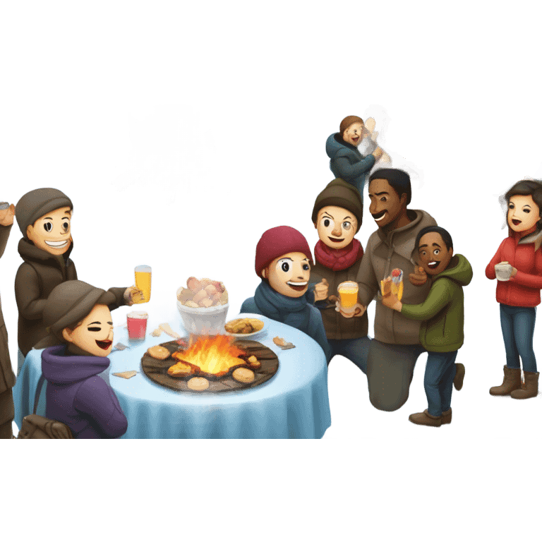 Outdoor winter party with a huge bonfire and tables of food and drink emoji