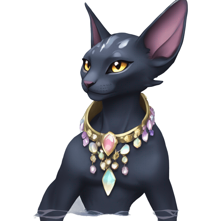 cool shiny kawaii anime edgy distinguished ethereal elegant beautiful fantasy black ethereal fantasy nargacuga-Noivern-sphynx-Quiana-Fakemon collar harness moon gem jewels full body emoji