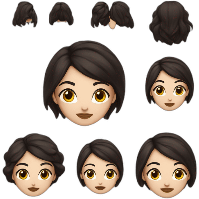 White women with long dark brown hair and long eyelashes dark brown eyes and thick dark brown eyebrows and black dog with a white stripe on the neck and ears raised up emoji