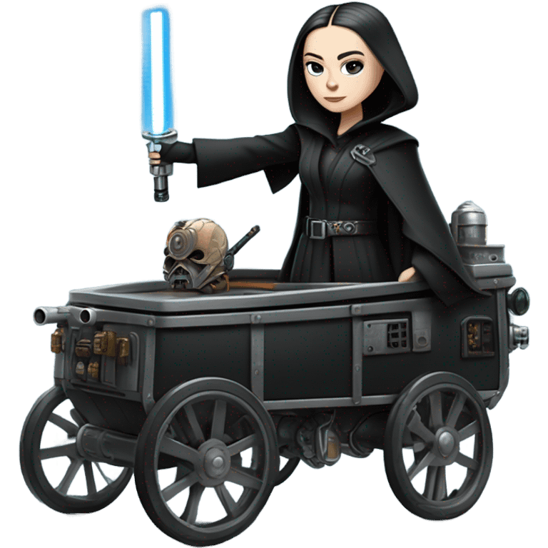 Wednesday Addams Jedi bounty hunter driving a modern blue and pewter steampunk electric wagon emoji