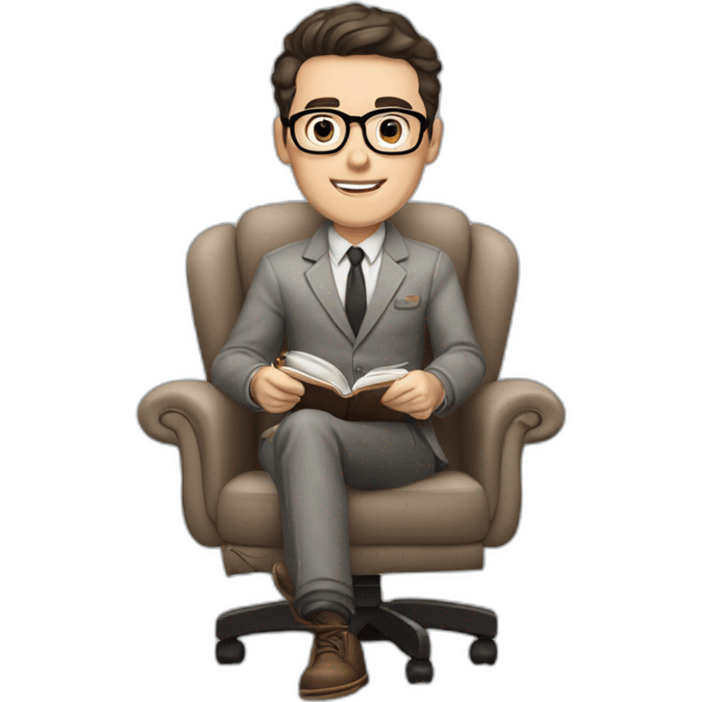 Pale skinned Fit Man With dark brown hair in gray jacket, beige office shirt and vintage glasses sitting In a soft chair with a notebook with emblem Ψ and a pen in his hands emoji