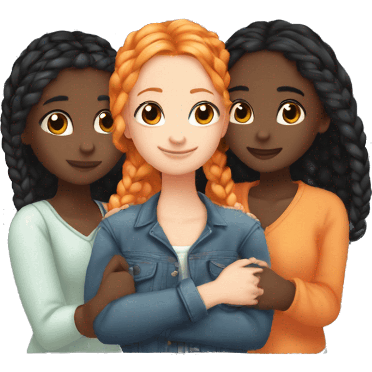 Four girls hugging one blonde one orange hair one black hair with braids and dark skin and lastly one with black hair emoji