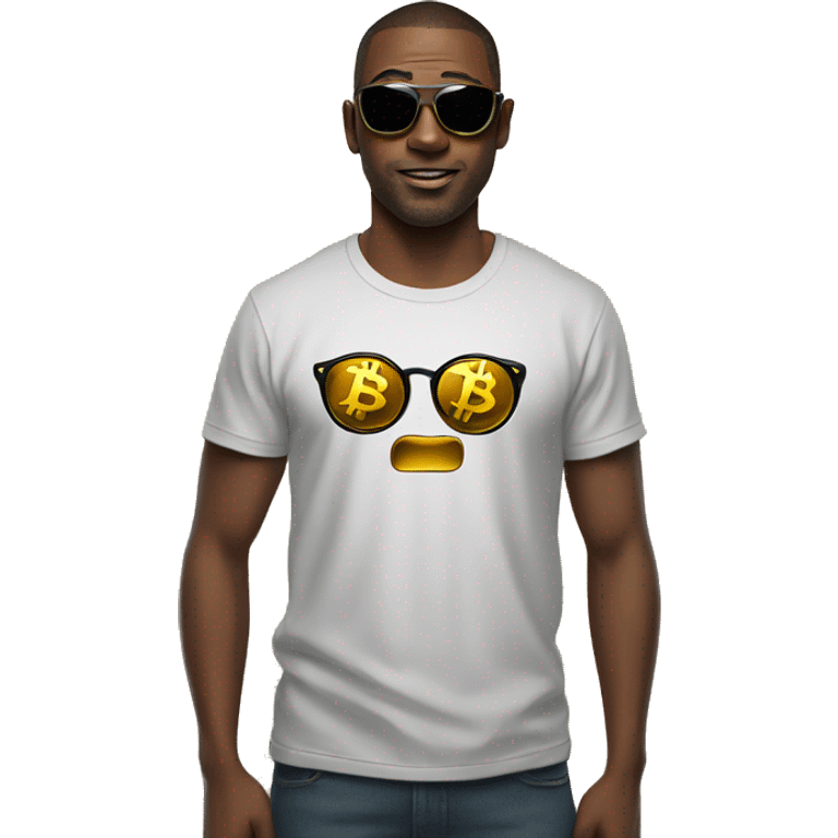 A man with laser eyes and with a bitcoin badge on tshirt emoji