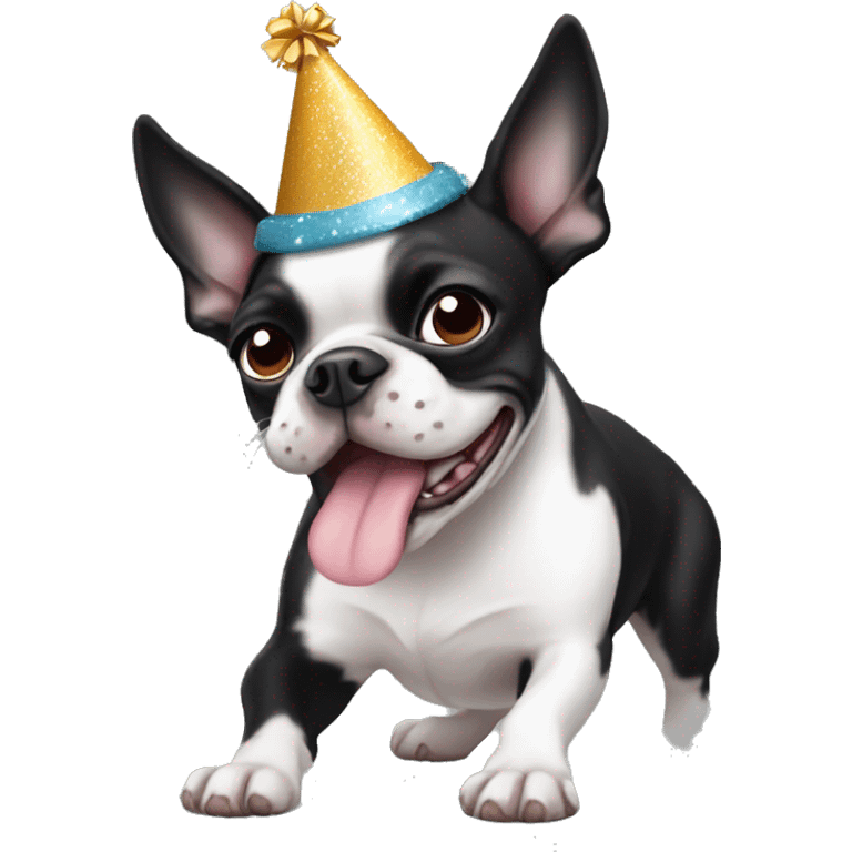 Boston Terrier Dog Black White wearing Birthday hat emoji