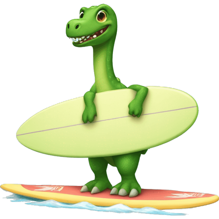 green dinosaur wearing a tutu on a surfboard emoji