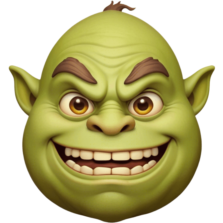 Cinematic Comical Ogre Portrait Emoji, with a strikingly exaggerated, bulky figure in vivid earthy greens and browns, head tilted in a dramatically surprised expression with wide, comically bulging eyes and a goofy, oversized grin, simplified yet hilariously exaggerated, highly detailed with a soft, cartoonish glowing outline capturing the playful absurdity of a meme-worthy ogre! emoji