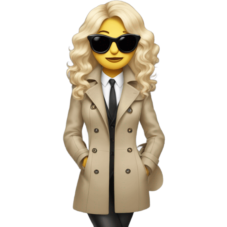 Cat wearing a trench coat with sunglasses wearing stockings, with a long blonde wig emoji