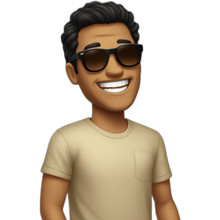 tanned man, with black hair, fade haircut and brown eyes, dressed in a vans skater style, wearing Osacruz sunglasses, is laughing. emoji