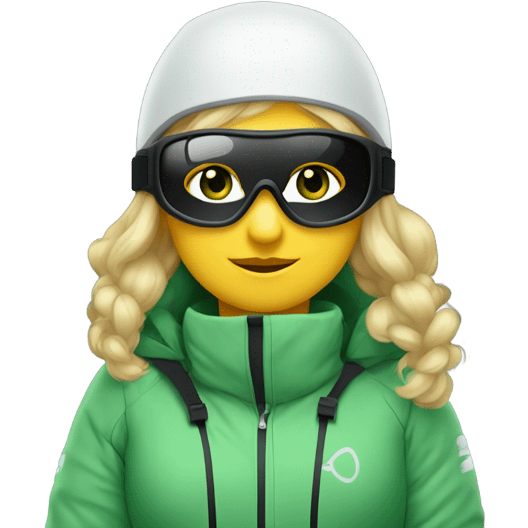 Green-eyed, fat female skier with medium-length straight blonde hair not plaited, snow goggles on helmet, white ski helmet, gray snow jacket, green ski gloves, long black pants rolled up at the bottom, black only snow boots standing tall. emoji