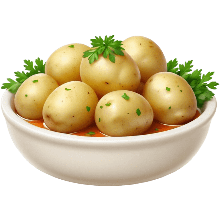 Cinematic realistic emoji featuring a dish of boiled potatoes with fresh herbs and spicy dressing, made with realistic details and bright natural lighting emoji