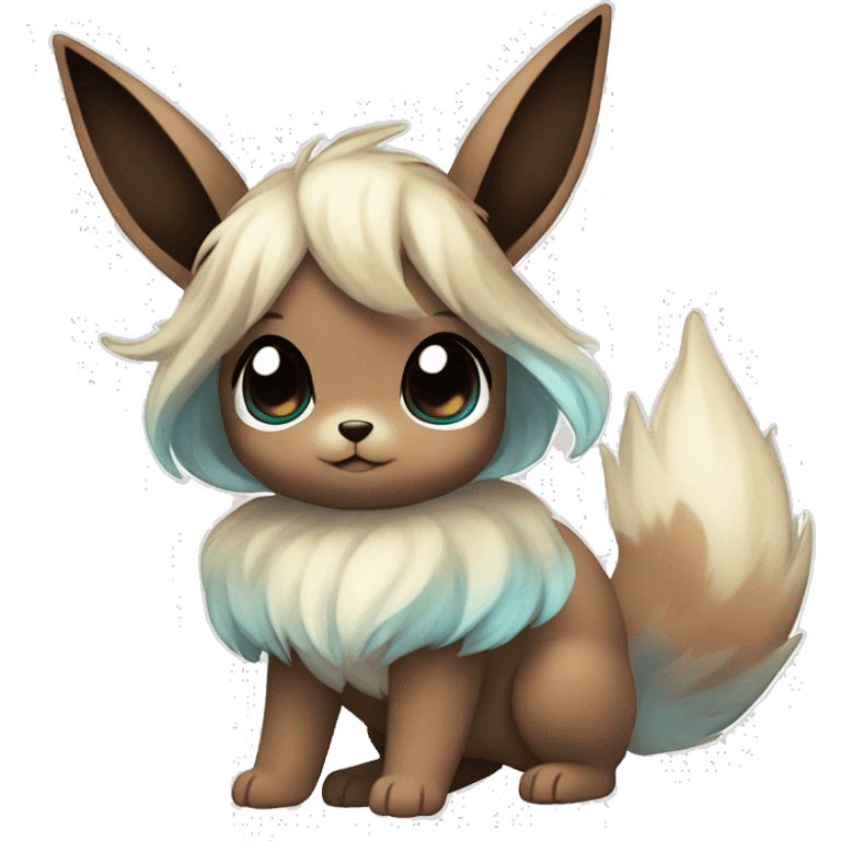 Kawaii Shiny Pastel Eevee with dark brown long emo hair covering her eyes Full Body emoji