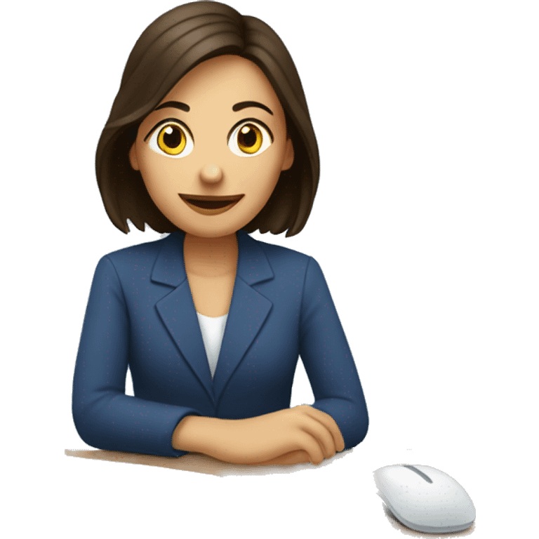 brunette sitting at laptop against blue circle background emoji