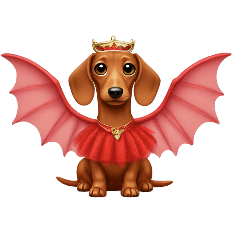 red dachshund wearing a tutu and dragon wings  emoji