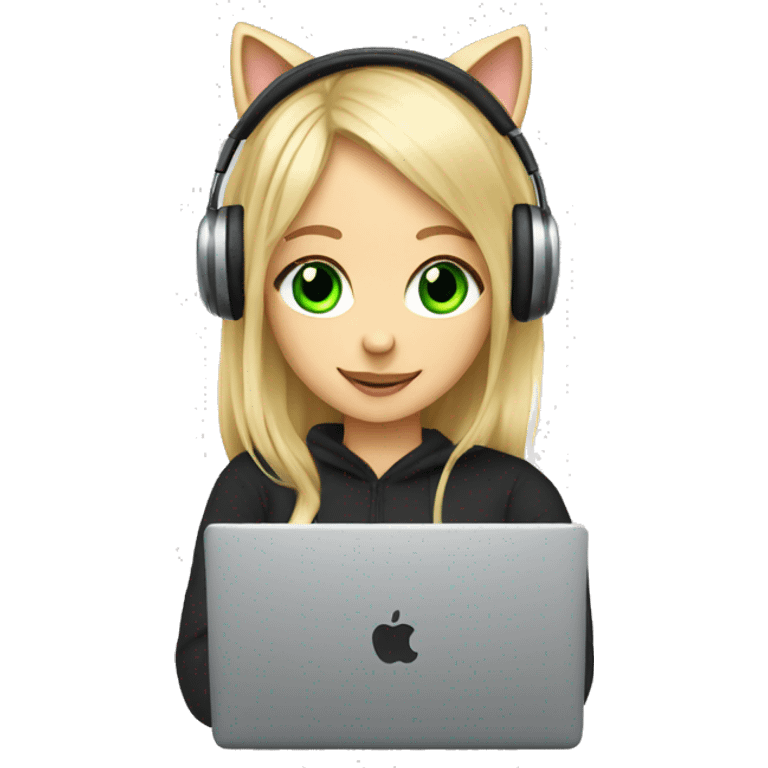 blonde girl green eyes with cat headphones and laptop emoji