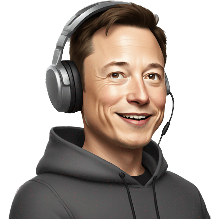 realistic happy Elon musk with hoodie wearing headsets emoji