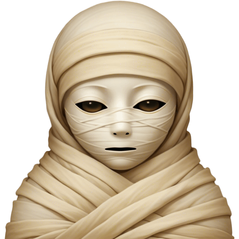 A snug, cozily wrapped mummy, fully encased in soft, slightly loose bandages, even its face gently hidden behind folds with only a tiny glimpse of sleepy eyes, nestled in warm, faded tones with gentle golden accents, simplified yet irresistibly charming, highly detailed with a soft glowing outline capturing the peaceful aura of an ancient being drifting into rest! emoji