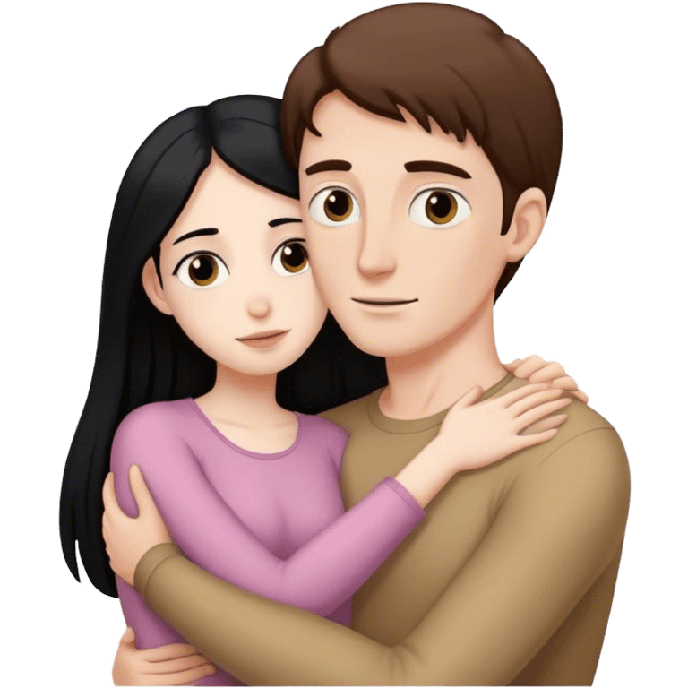 Tall pale man with brown hair hugging small pale woman long black hair emoji