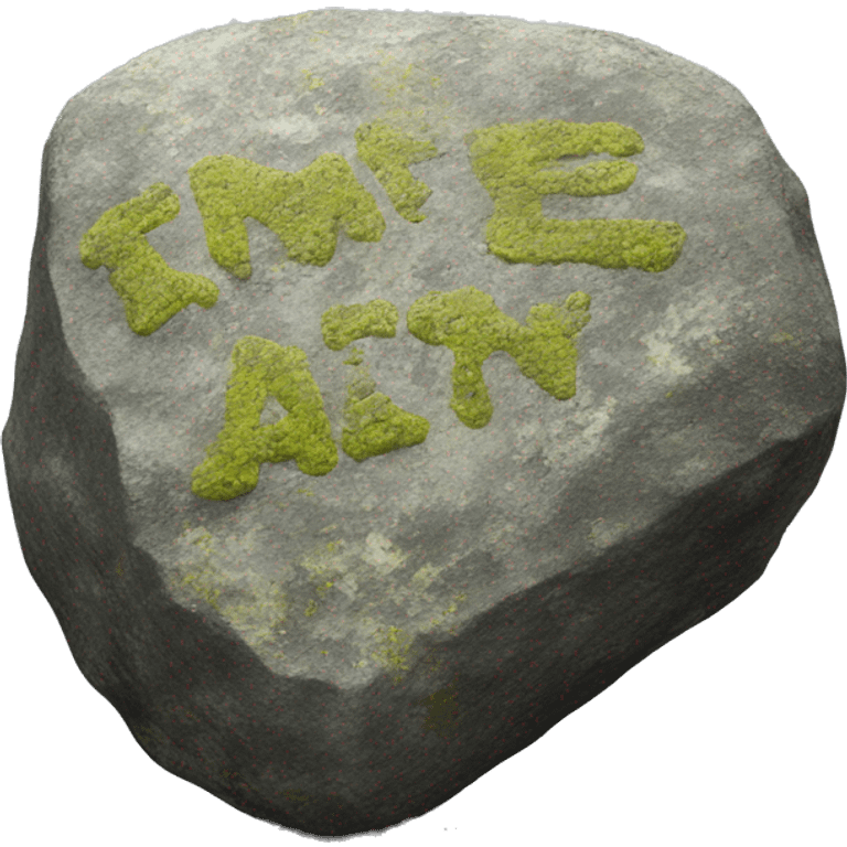 large rock with engraved words covered in lichen emoji