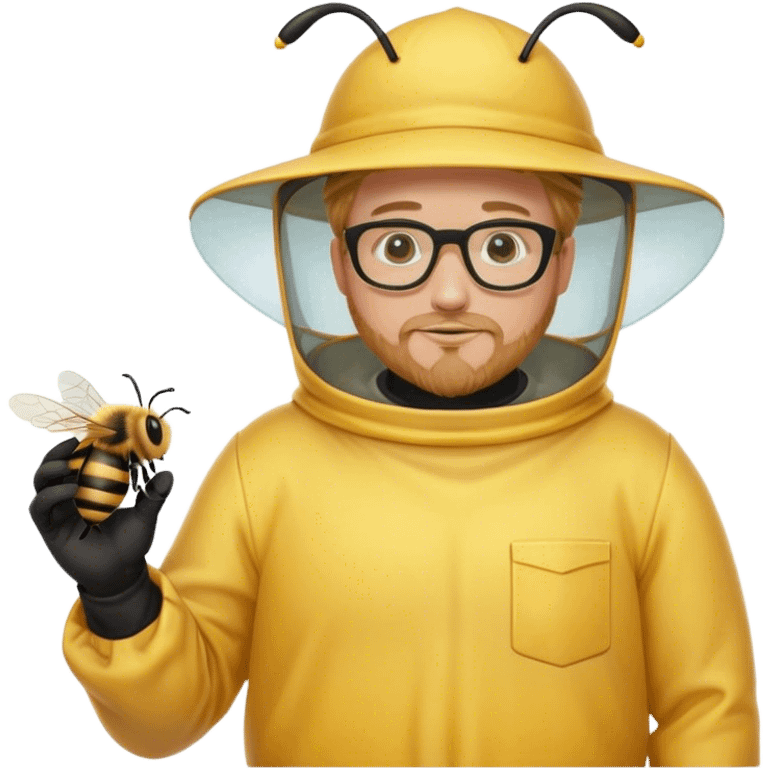 full body medium plus size male bee keeper in yellow and black with short light strawberry blonde hair and goatee wearing glasses with bee keeper hat emoji