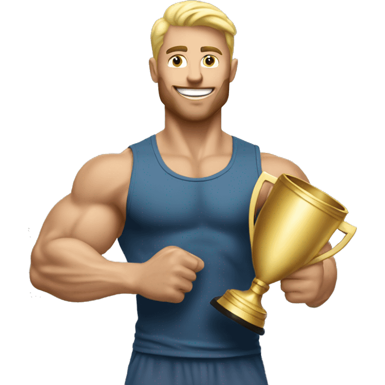 muscle blonde man holding a trophie emoji