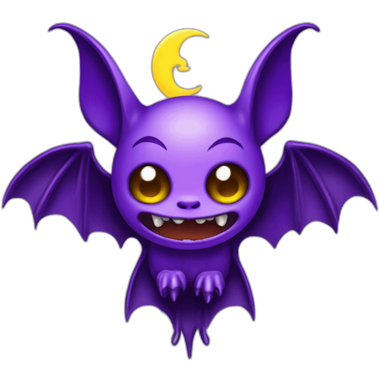 purple and black mad face vampire bat cartoon sparkle eyes wings flying in front of large dripping crescent moon emoji