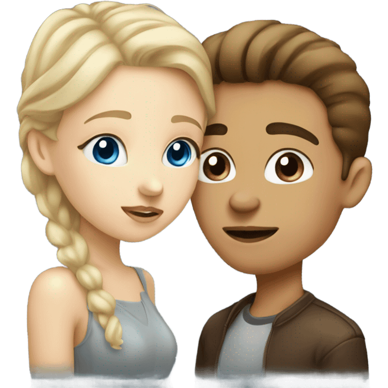 Blonde girl with blue eyes kissing a brunette boy with brown eyes emoji