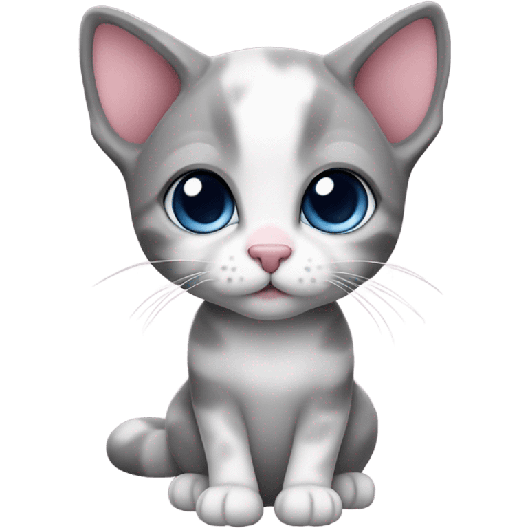 Cute, dusty rose, dark grey and white kitten. Full view of cat. Deep blue eyes and pink nose emoji