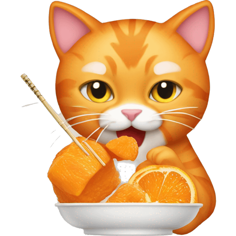 Orange cat eating orange chicken Chinese take out with chopsticks emoji