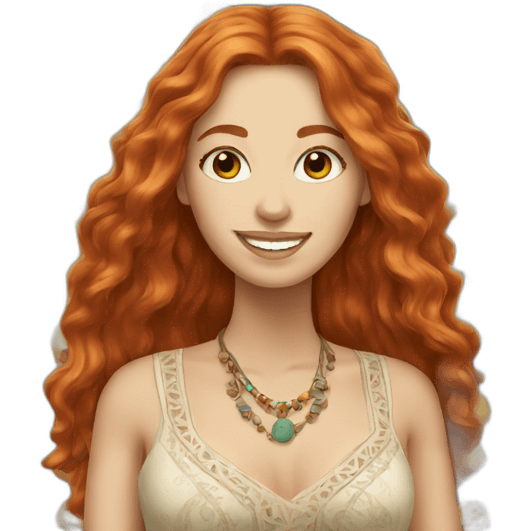 redhead white woman long hair, smiling, wearing boho dress emoji