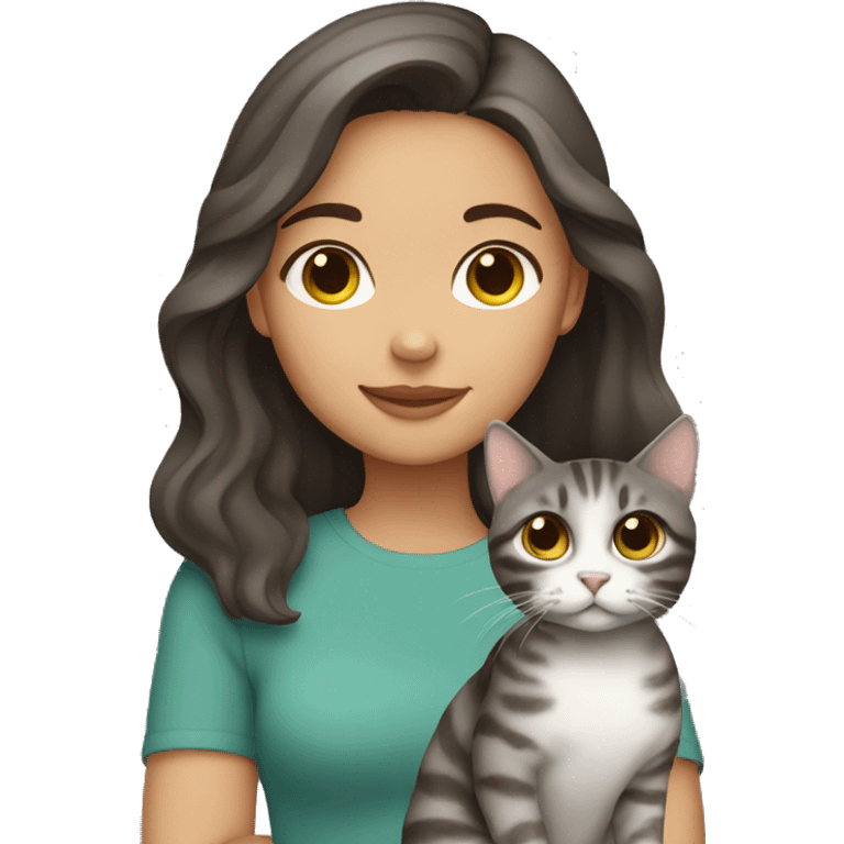 Dark brown haired girl holding gray tabby cat emoji