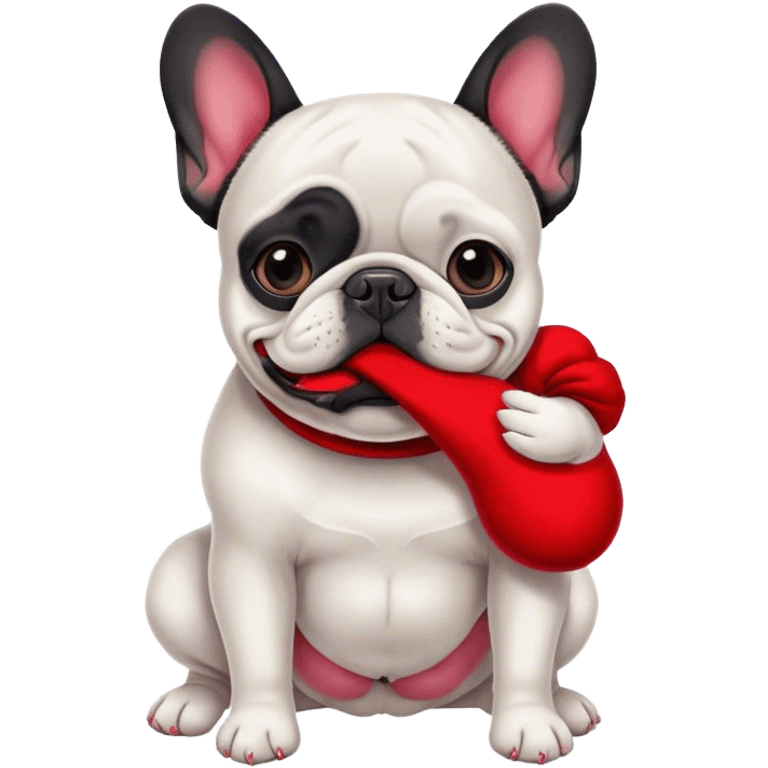 Black and white Bouledogue français eating a red sock  emoji