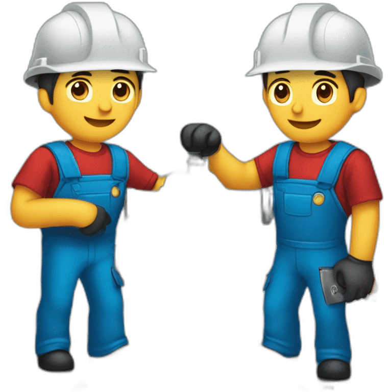 a team of two assembly men, disassembling industrial machinery with red uniforms emoji