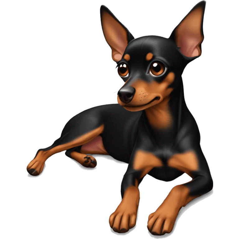 miniature pinscher, black brown color, laying down, arms horizontal paws hanging down a little emoji