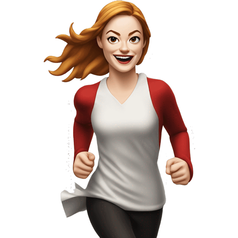 Emma Stone running emoji, with a large stride and arms outstretched, in a santa costume emoji