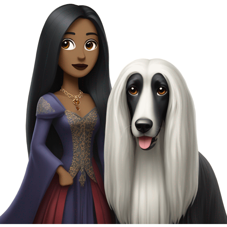 Women vampire black hair full body with Afghan Hound, Schiaparelli emoji