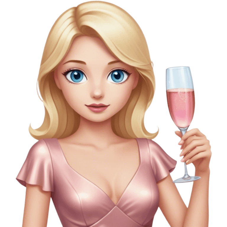 Pretty Blonde model, blue eyes, wearing a rose gold dress with short sleeves, raising a glass of pink champagne emoji