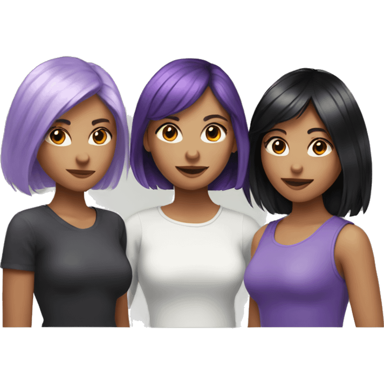 Three girls friends with purple-red short hair, black hair long and red long hair emoji