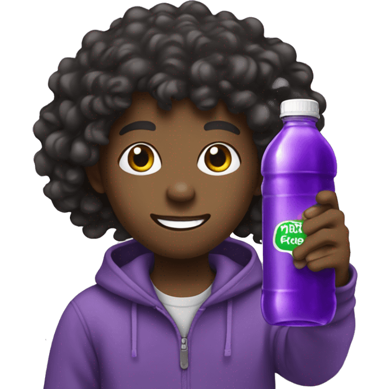 Black kid with wavy hair holding sprite bottle with purple liquid in it emoji