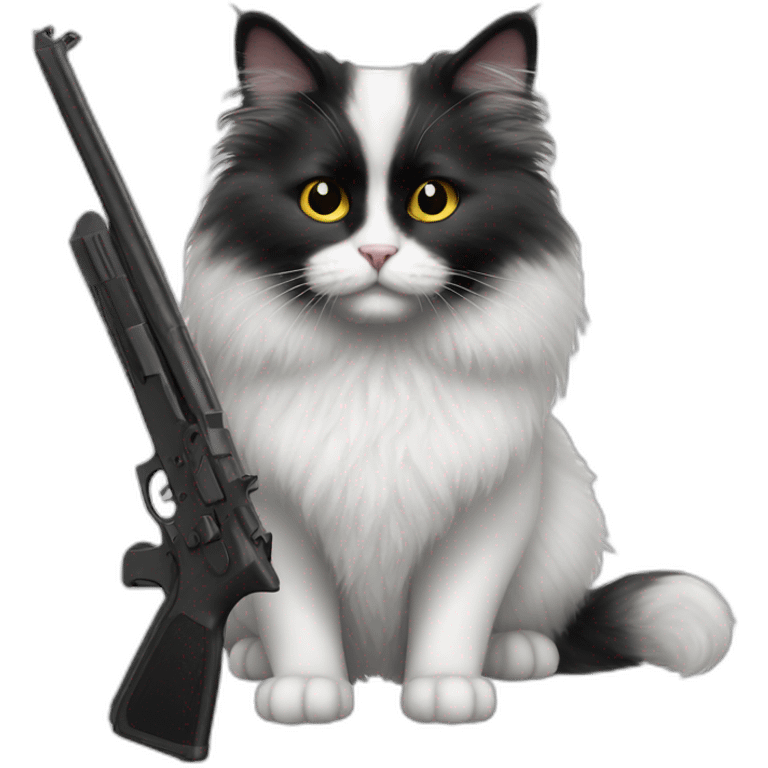 Black and white angora cat with guns emoji