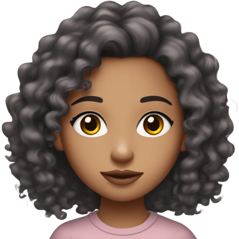 mixed girl with thin chest black long wavy curly hair and brown eyes and has long lashes on and noticeable blush and her lips are pink NOT BROWN and shes wearing a tight grey long sleeve top emoji