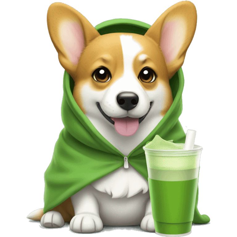 Corgi wearing hoodie drinking matcha  emoji