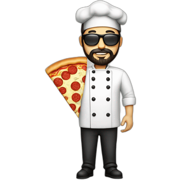 Dark haired chef with beard and big dark glasses holding a slice of pizza emoji