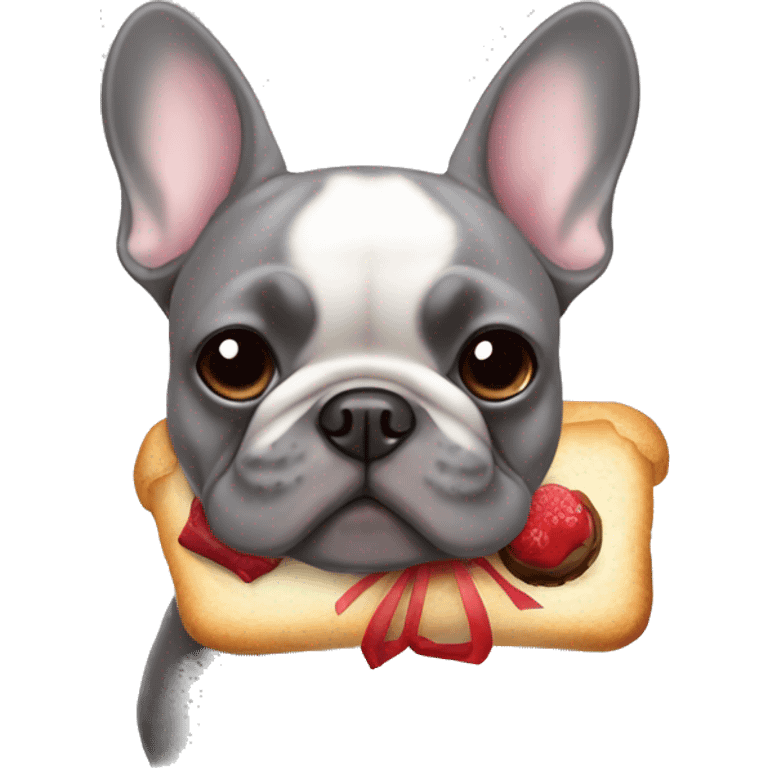 Grey French bulldog that’s wearing a bow and has French pastries  emoji