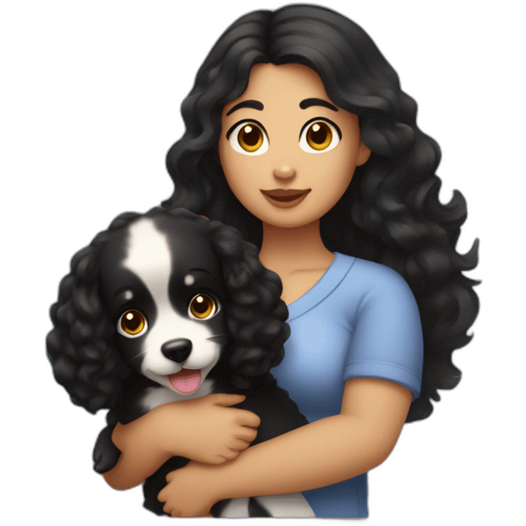 chubby fair girl with extra wavy black hairs holding dog in her arms emoji